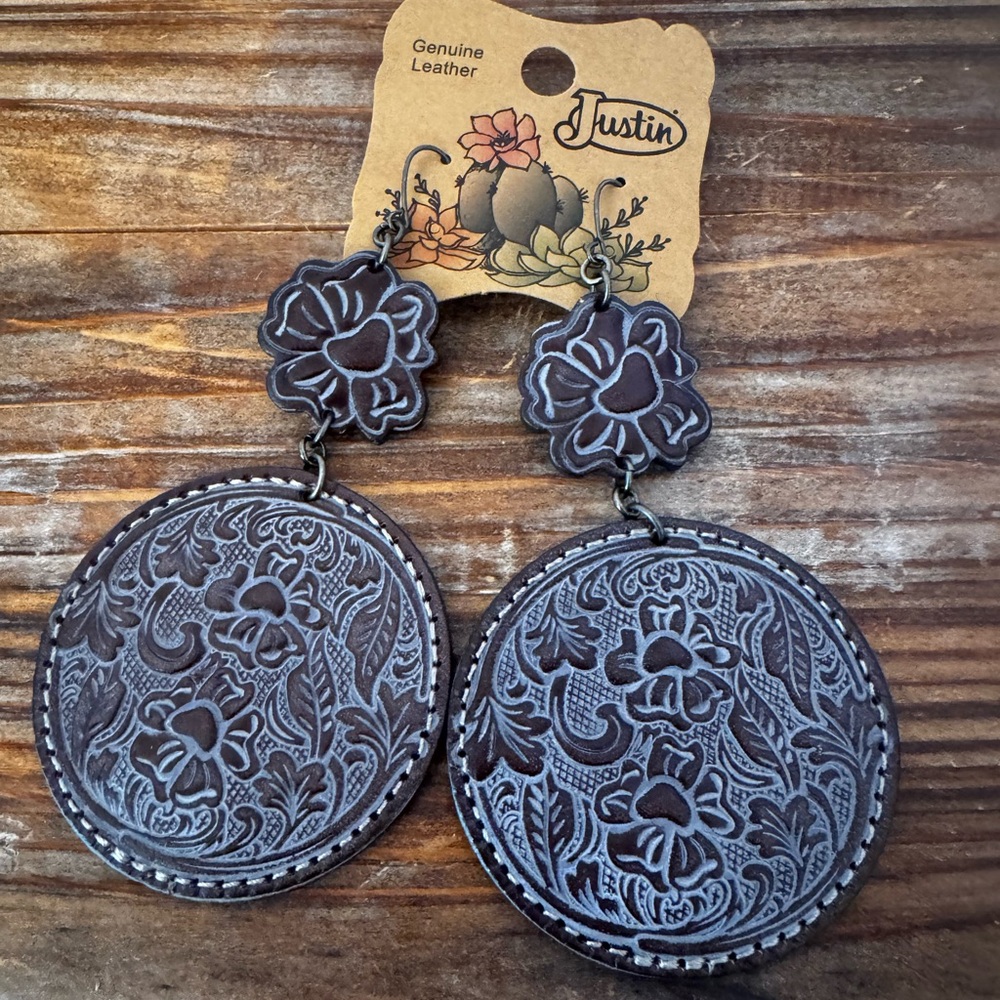 Justin Boots Tooled Brown Leather Western Floral Earrings w/Turquoise Wash NEW